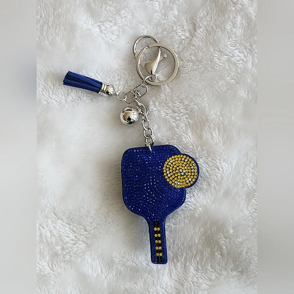 Pickleball Blue and Yellow Rhinestone Keychain Bag Charm
